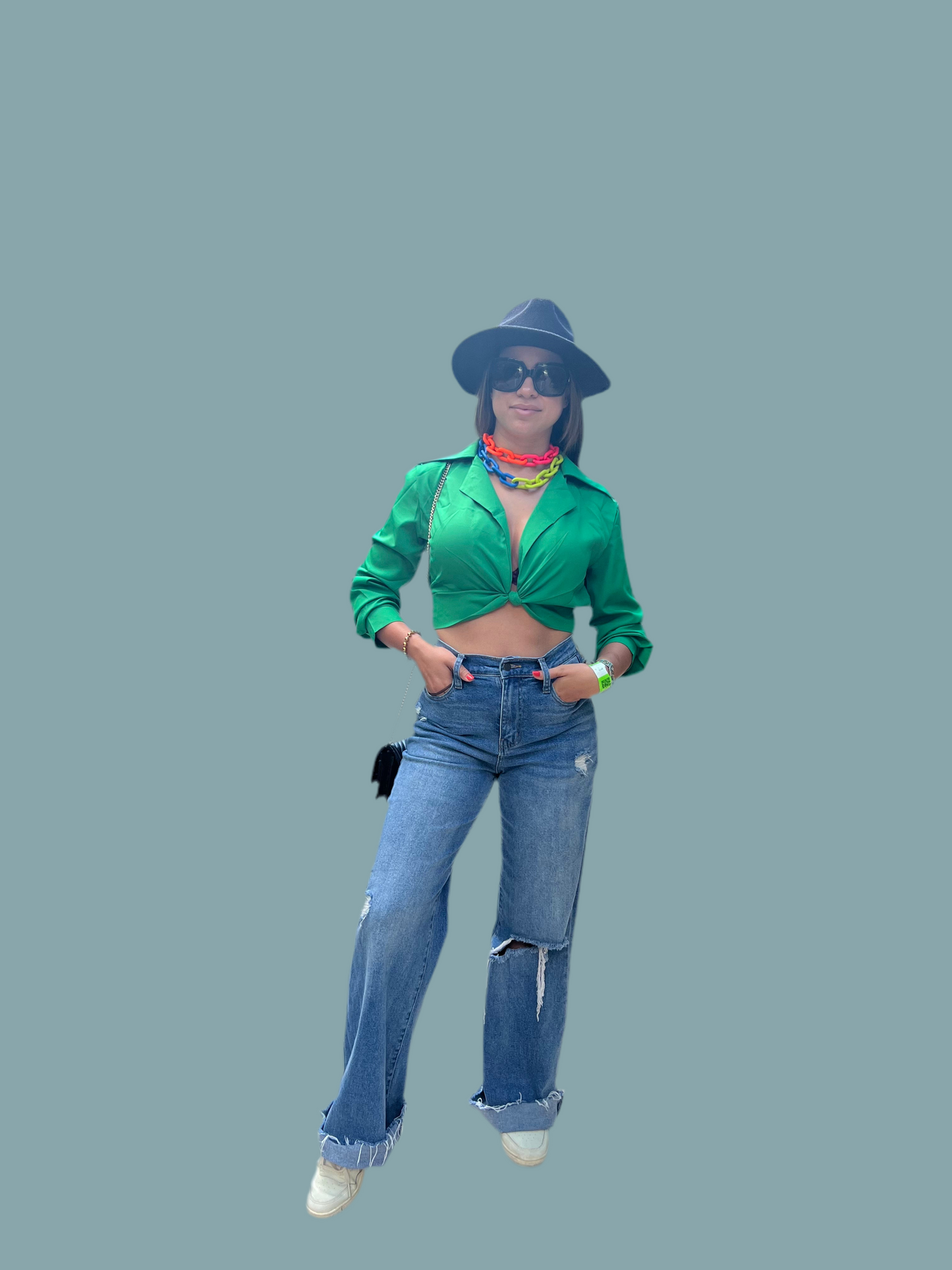 Green Front Knot Cropped Shirt