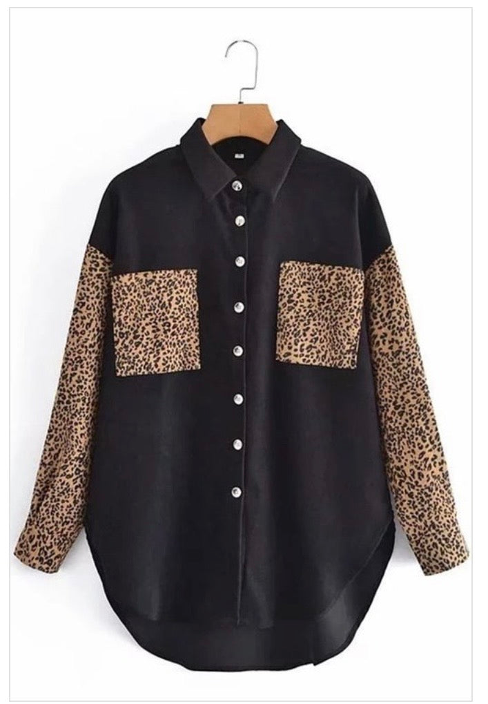 BLACK & LEOPARD LONG SLEEVE BLOUSE