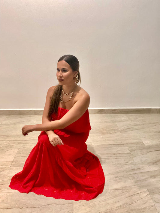 BLOOD RED LACE CROP & SKIRT SET