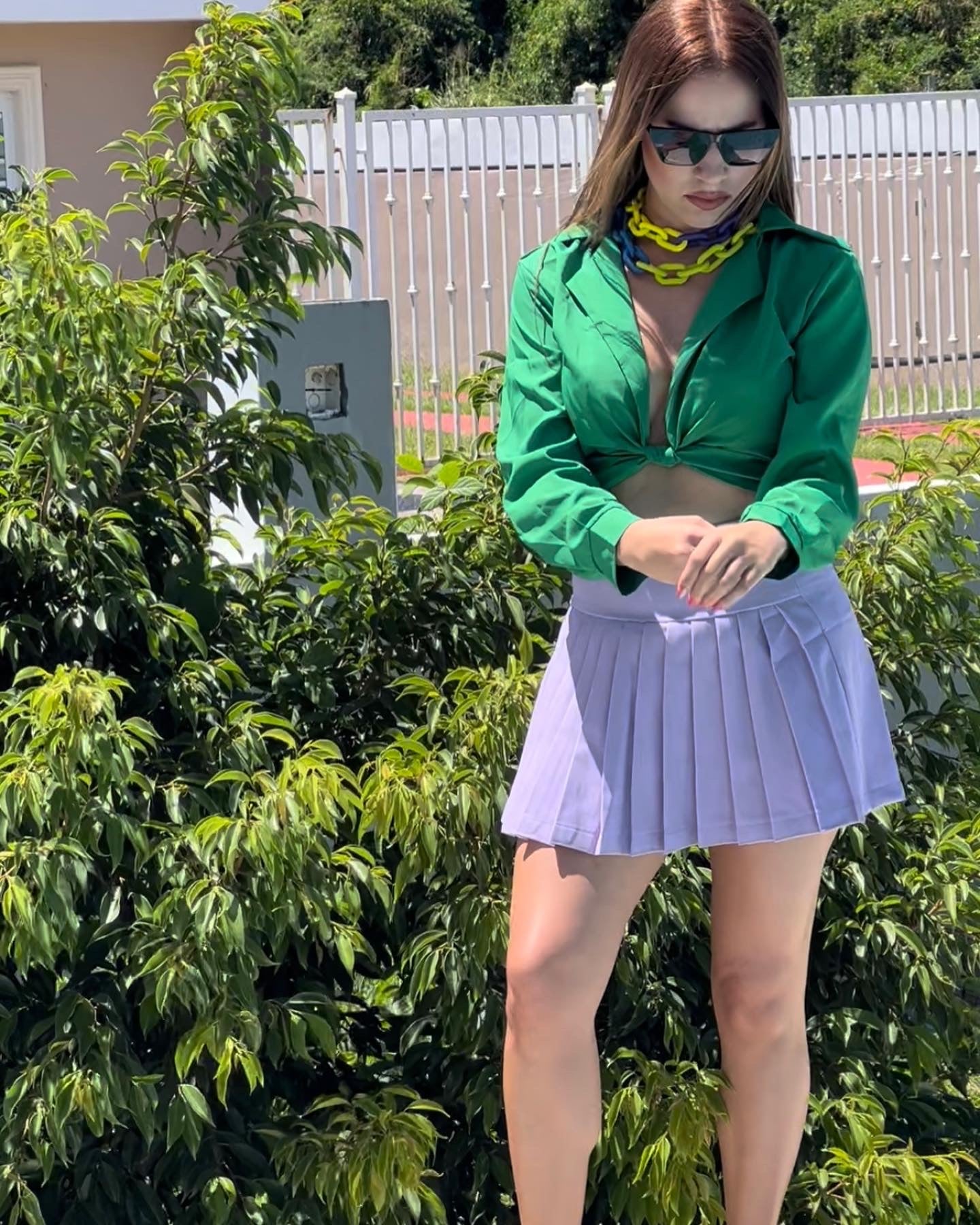 Green Front Knot Cropped Shirt