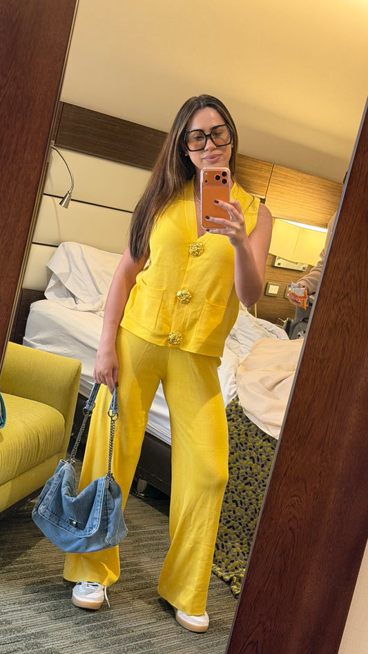 Yellow Stylish Casual Vest and Pants Set