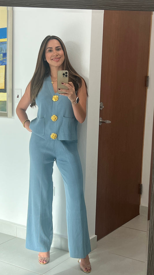 Blue Stylish Casual Vest and Pants Set