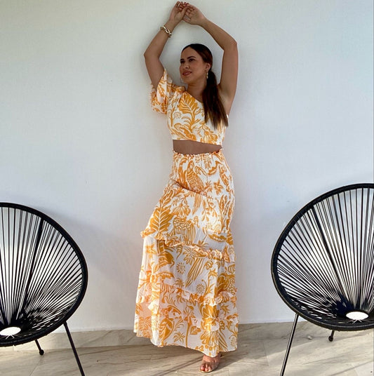 MUSTARD LEAVES CROP TOP & LONG SKIRT SET