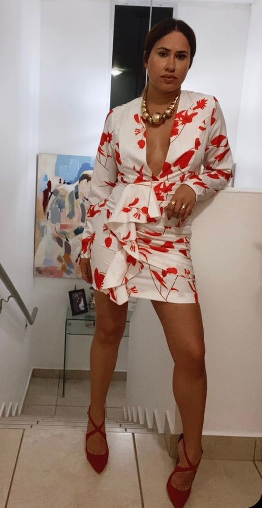 V NECKLINE LONG SLEEVE DRESS