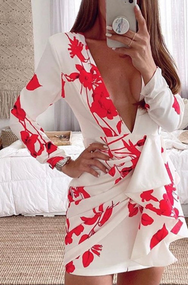 V NECKLINE LONG SLEEVE DRESS