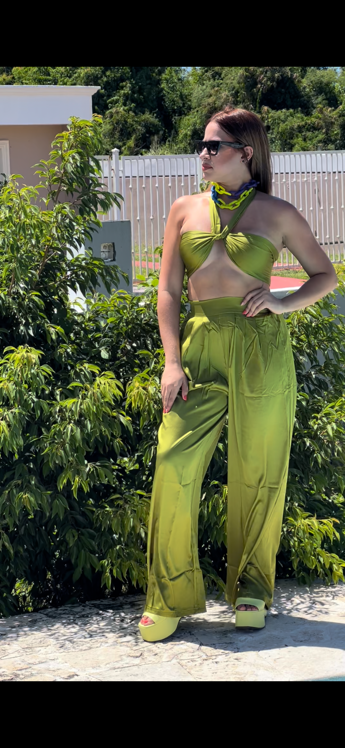 Satin Halter Top Flare Pants Set