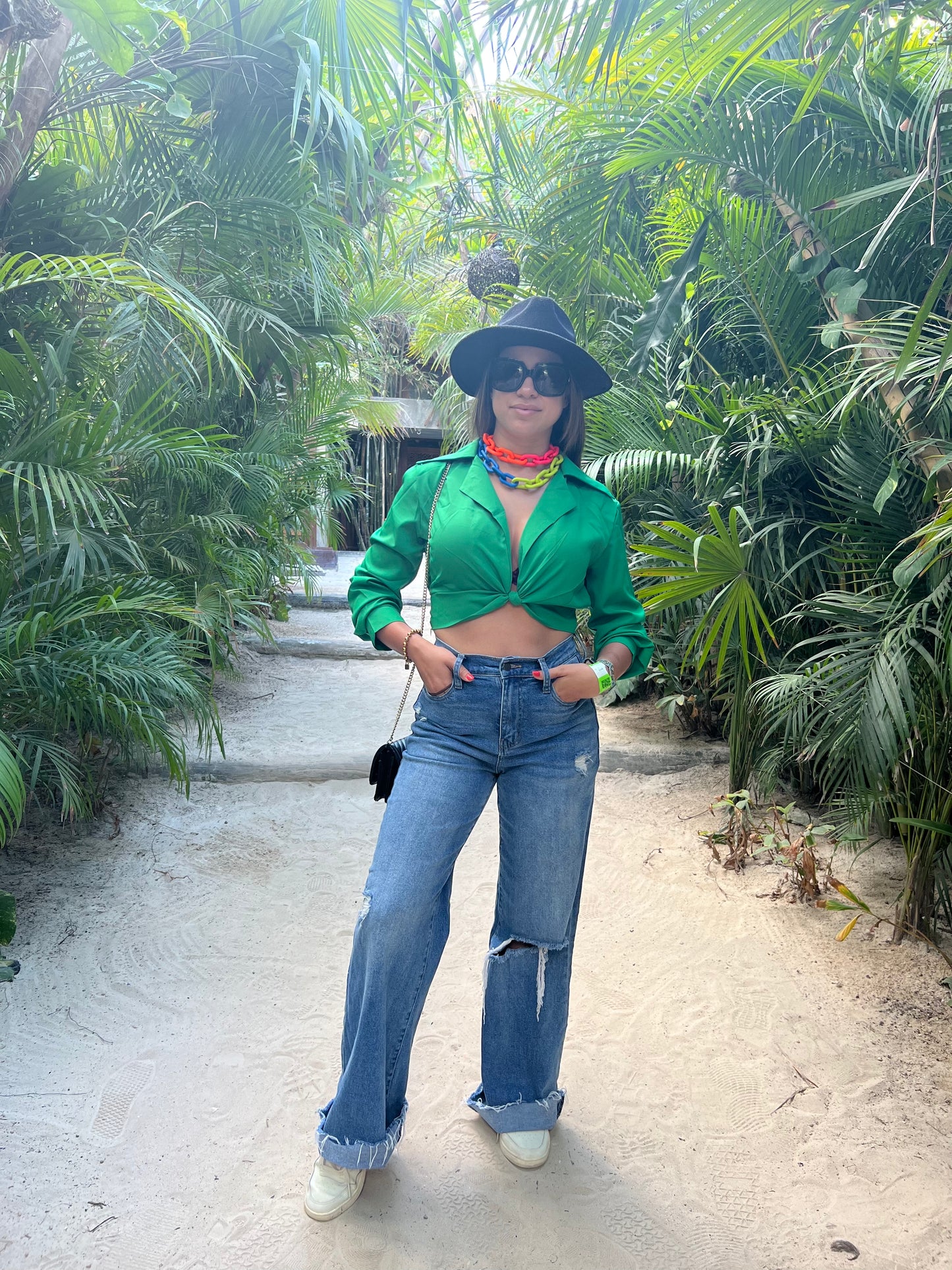 Green Front Knot Cropped Shirt