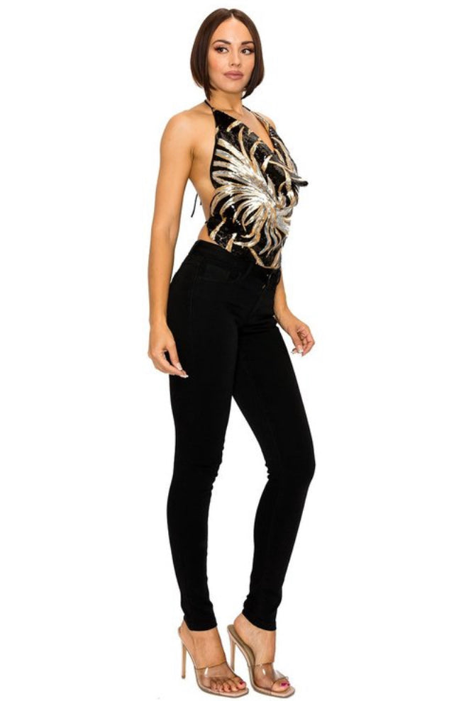 SEQUINED LEAF PRINT SLEEVELESS HALTER TOP