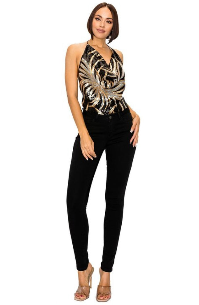 SEQUINED LEAF PRINT SLEEVELESS HALTER TOP