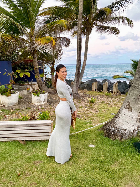 GRAY CROP & LONG SKIRT SET