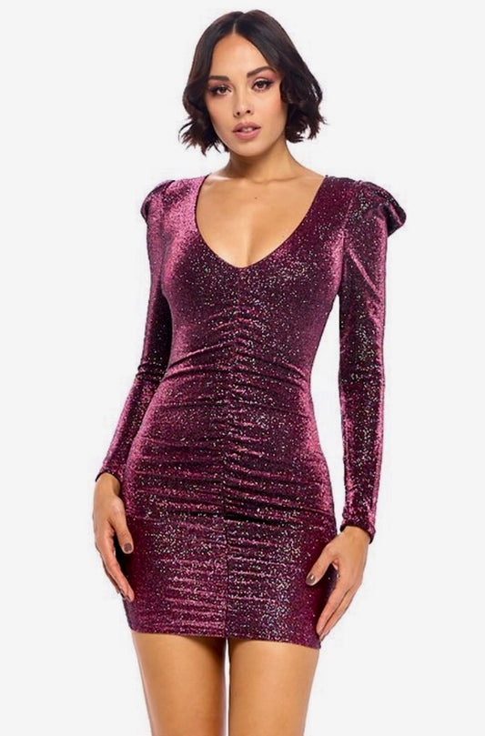 METALLIC SEQUIN LONG SLEEVE MINI DRESS