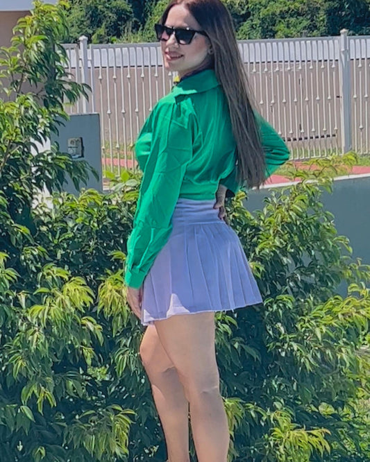 Green Front Knot Cropped Shirt