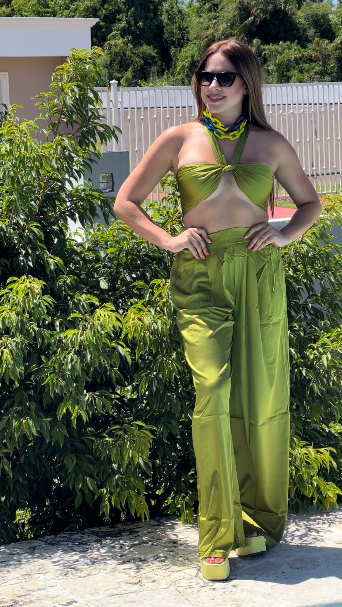 Satin Halter Top Flare Pants Set