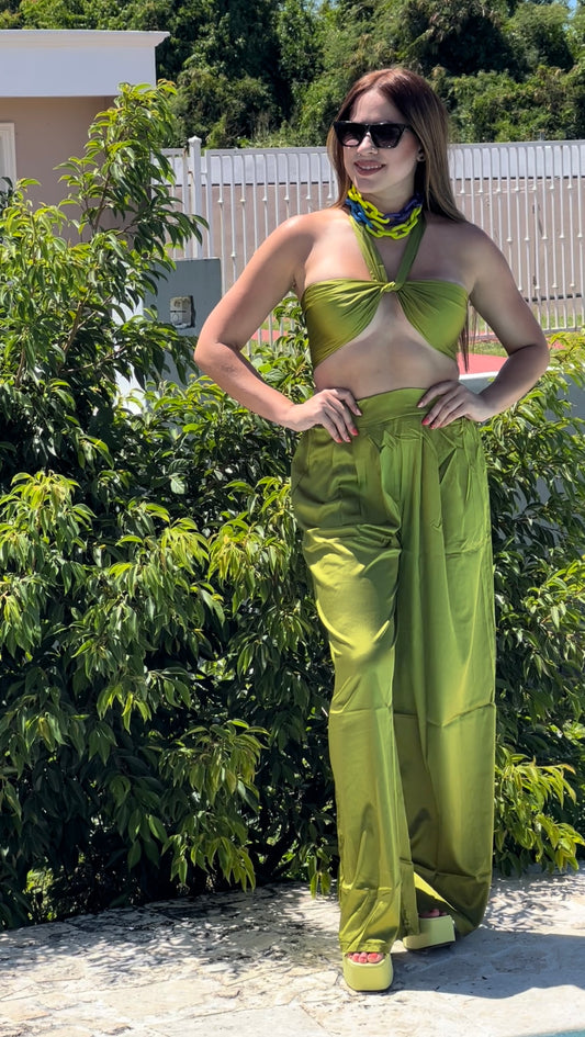 Satin Halter Top Flare Pants Set