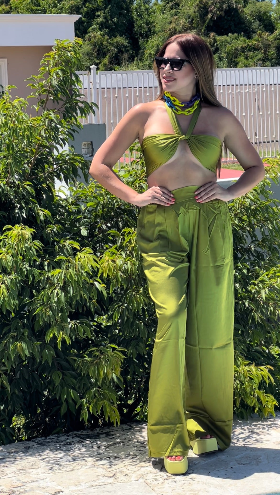 Satin Halter Top Flare Pants Set