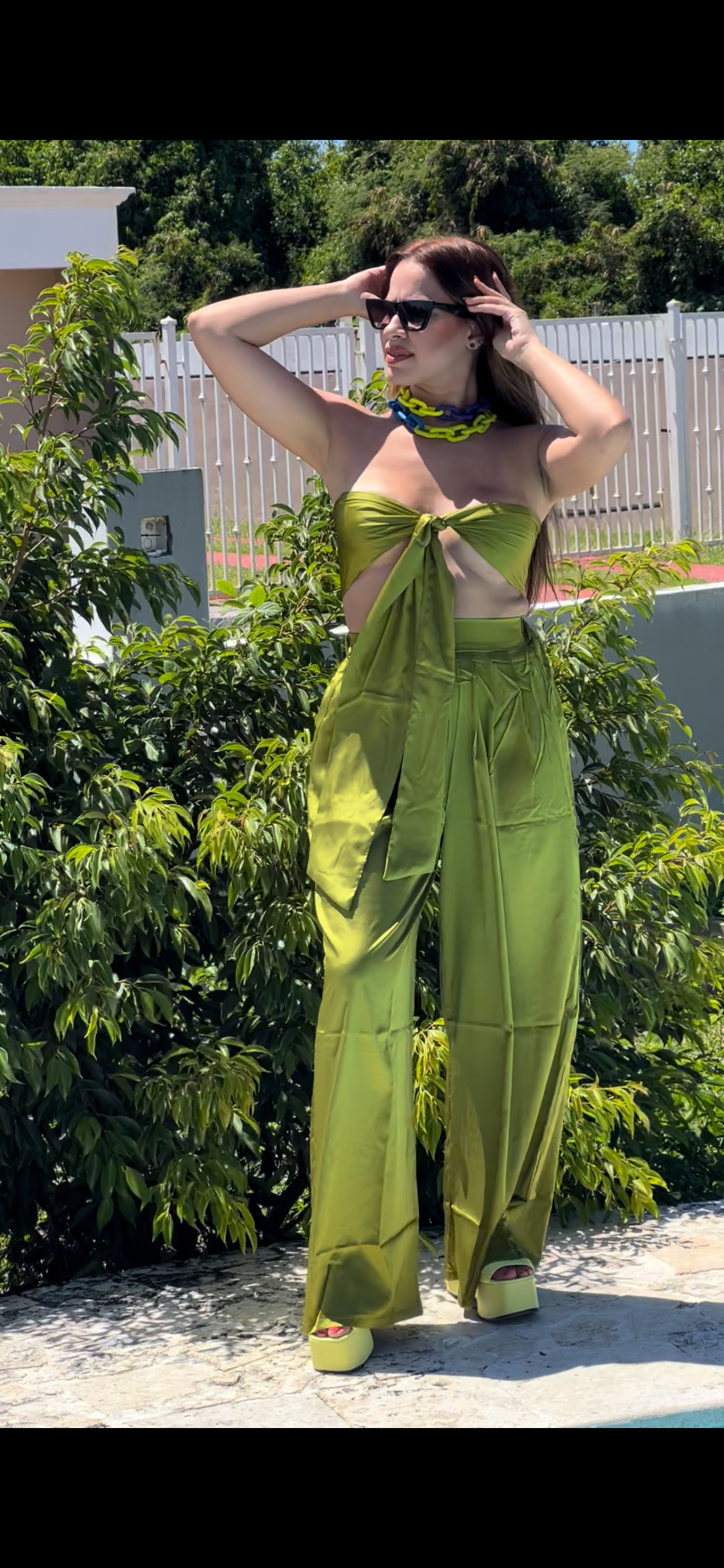 Satin Halter Top Flare Pants Set